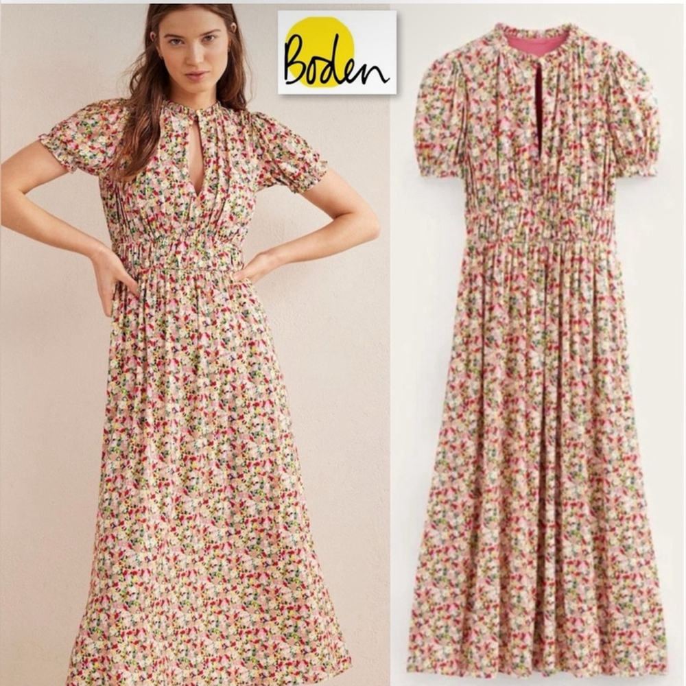 Boden Ruched strech Jersey Pink Floral Maxi Dress women short sleeve plus 14R